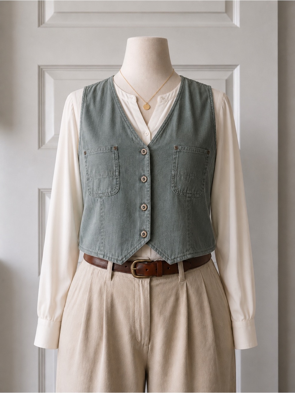 Vintage Erika Linen Cotton Utility Vest XL Sage Green Button Front Pocket Vest